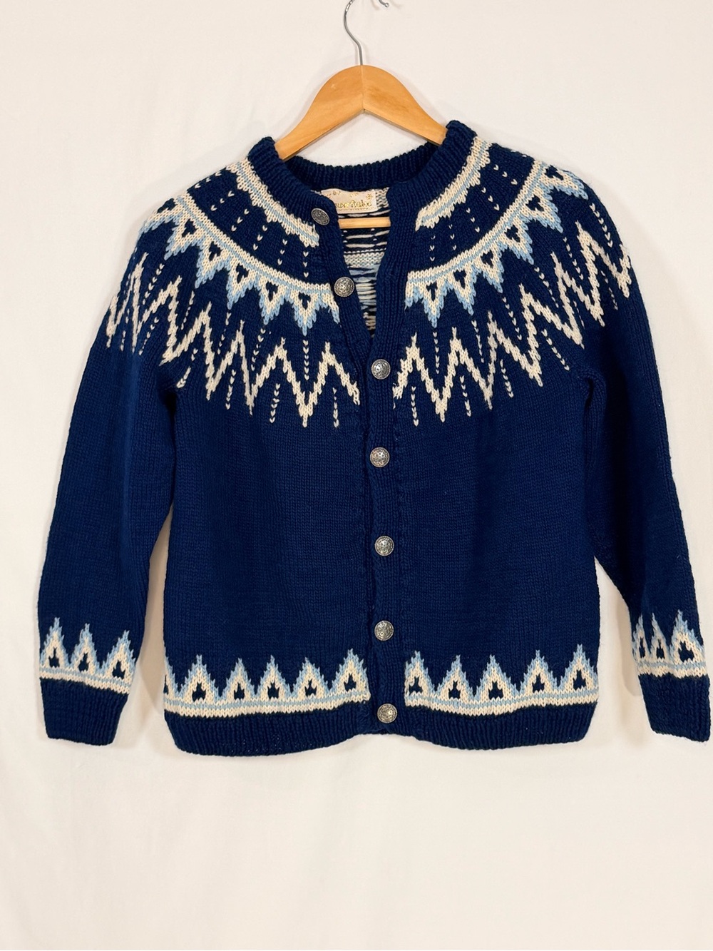 Vintage Snow-Flake Hand Knit Norwegian Wool Cardigan Nordic Ski Sweater S/M